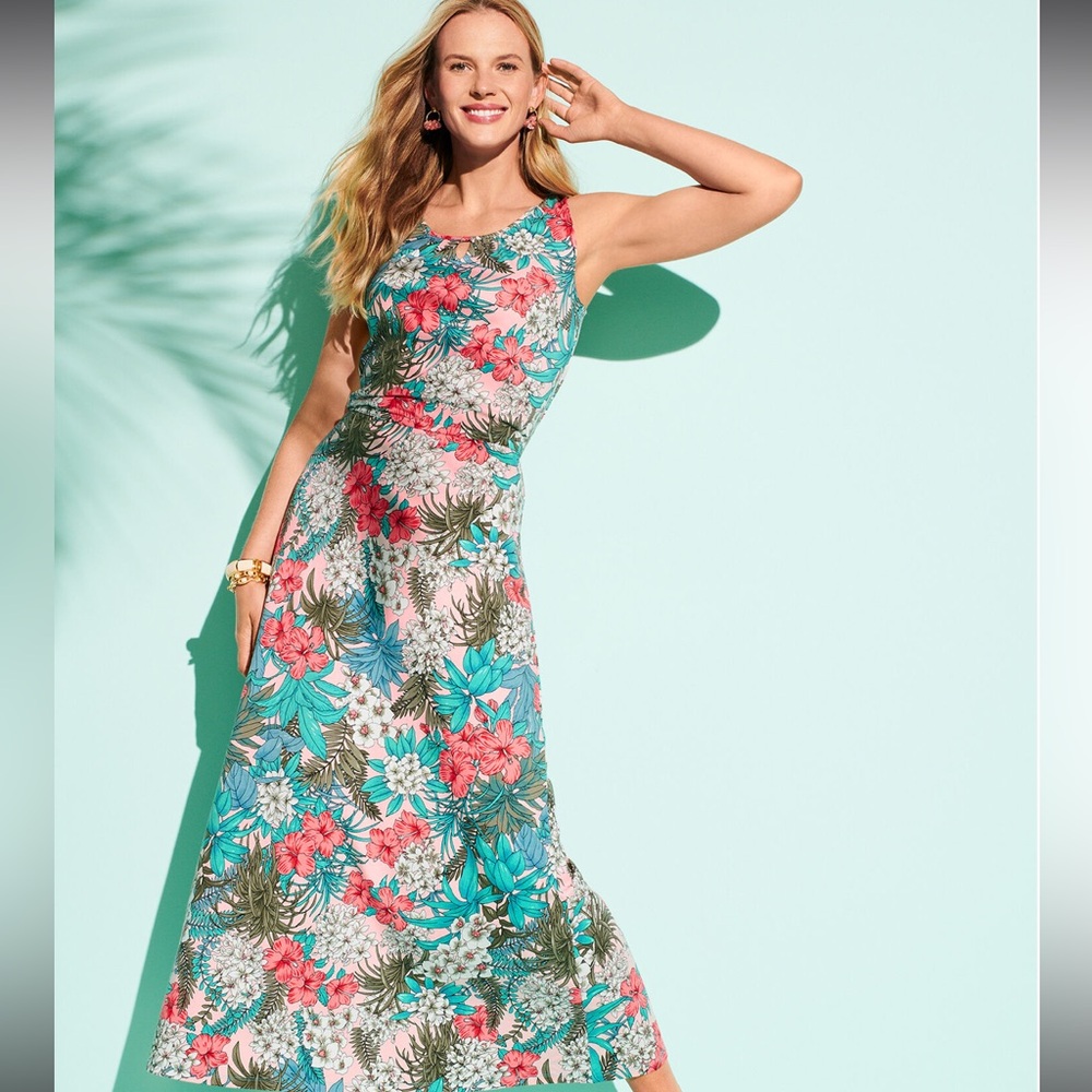 TALBOTS FLORAL JUNGLE JERSEY MAXI DRESS SLEEVELESS SUPER SOFT TROPICAL SZ L